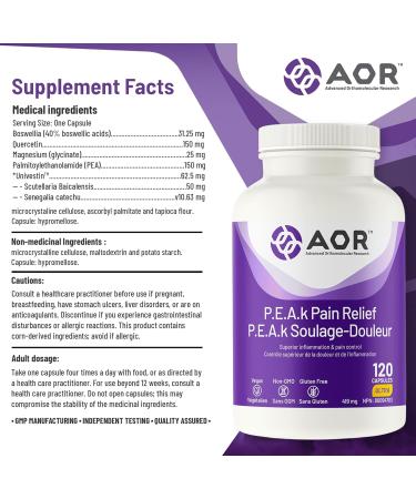 AOR - P.E.A.K Pain Relief 120 Capsules - Premium Palmitoylethanolamide (PEA) Supplement with Univestin Boswellia Quercetin & Magnesium Glycinate to Support Comfort Mobility and an Active Lifestyle - Buy Online on GoSupps.com