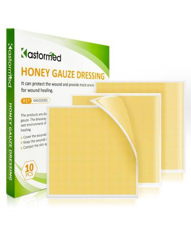 Kastormed Honey Gauze Dressing, Manuka Honey Wound Care, Medical Grade Honey Patches for Faster Wound Care, Burn Dressing, Sterile 4'' x 4'' (Pack of 10) Honey Gauze 4'' x 4'' - 10 Pack