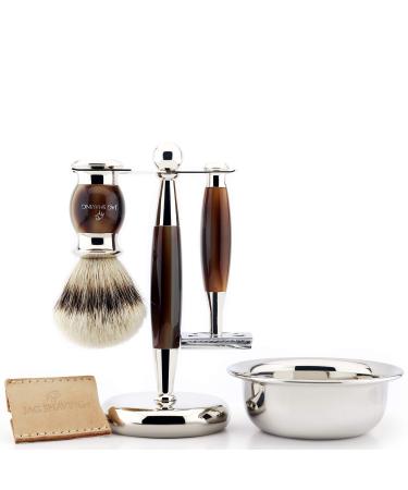 JAG Shaving luxury rasier set for men with a double-sided razor planer silver tip roof hair stand bowl and leather case for razor planes