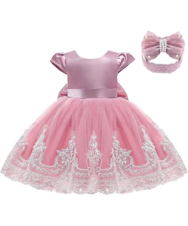 Baby Girls Lace Backless Tulle Princess Dress with Bowknot Headwear - 6-12 Months (Bean Pink) - Buy Online on GoSupps.com