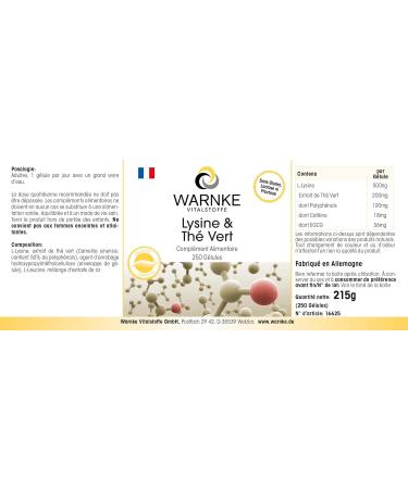 Lysine and Green Tea 500 mg L-Lysine 200 mg - Green Tea Extract - 250 Capsules - Vegetarian - 50% Polyphenols | Warnke Vitalstoffe - Quality from German Pharmacies - Buy Online on GoSupps.com