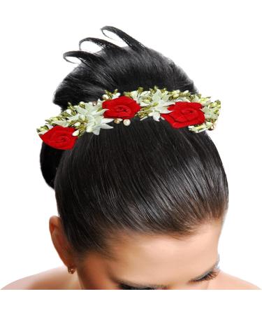Gajra and Red Rose Flower Clip Combo Artificial flower Hair Bun accessories Indian Handmade Hair Ornament for Women Partywear Marriage Mehndi Festival Gifting White Red Gajra and Red Rose - Buy Online on GoSupps.com