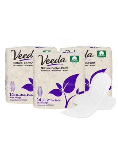 Veeda Ultra Thin Super Absorbent Day Pads Are Always Chlorine Pesticide Dye and Fragrance Free Natural Cotton Sanitary Napkins, 14 Count (Pack of 3)