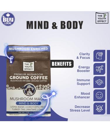 The Youth Effect Think Canadian Ground Mushroom Coffee for better Productivity w/ Organic Cordyceps | Lion's Mane | Reishi | Turkey Tail | Maitake | Chaga Mushrooms Nootropic Mushroom Coffee for better clarity and immune support (Made in Canada 12 oz bag) - Buy Online on GoSupps.com