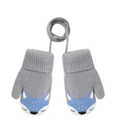 Girls Boys Cute Fox Knitting Short Full Finger Gloves Toddler Kids Winter Thermal Plush Lining Cycling Camping Gloves Mitten for 1-3 Yrs Grey