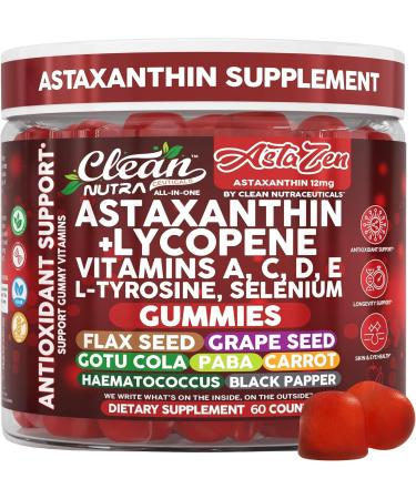 Clean Nutra AstaZen Astaxanthin Complex Gummies 12mg w/Lycopene Pure Vitamin A C D E L-Tyrosine Selenium Premium Berry Banana Eye Skin Immune Support Supplement 60 Count