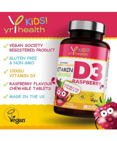 Kids Vitamin D3 1000 iu High Strength - Raspberry Flavour Chewables for 4-12 Years - Vegan Society Registered - 2 Months Supply - Made in UK - Buy Online on GoSupps.com