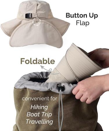 UPF 50+ Waterproof Nylon Hiking/Fishing Hat | Women's/Men's Sun Protection Wide Brim Hat with Neck Flap - Beige - Buy Online on GoSupps.com