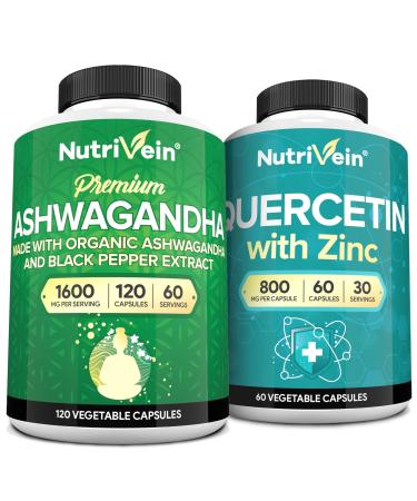 Nutrivein Premium Ashwagandha Supplement &, Quercetin with Vitamin C and Zinc Bundle: High-Absorption Zinc Quercetin & Ashwagandha Supplements for Whole-Body Wellness & Balance