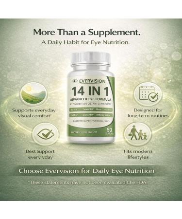 Evervision 14-in-1 Advanced Eye Formula Daily Eye Nutrition Supplement with Lutein Zeaxanthin Saffron & Bilberry Extract Eye Health Support for Adults 60 Capsules (2) - Buy Online on GoSupps.com