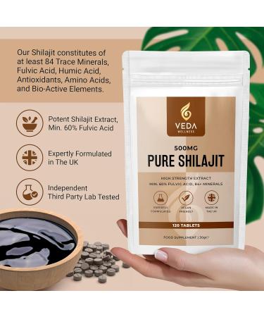 Veda Wellness Pure Shilajit 120 Tablets - High Strength 60% Fulvic Acid, Lab Tested, 84+ Minerals, Vegan Friendly - Made in UK - Buy Online on GoSupps.com