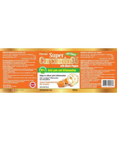 Pure Turmeric Curcumin with Black Pepper - 120 Turmeric Capsules | 95% Curcuminoids No Filler | 1 200mg of Pure 95% Curcumin Turmeric Supplements for Inflammation with Black Pepper | Made in Canada | Herba Curcumin95 - Buy Online on GoSupps.com