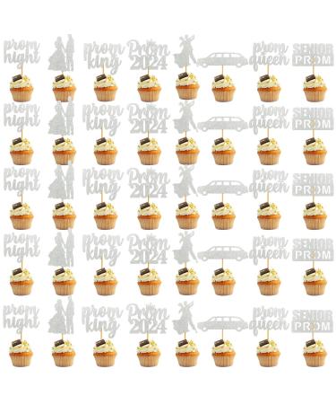 40Pcs Sliver Prom Cupcake Topper Prom Decorations for Party 2024 Prom Graduation Cupcake Topper 2024 Graduation Decorations Class of 2024 Prom Party Decorations 2024