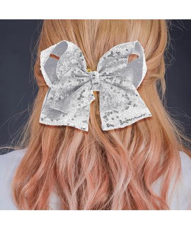 Sibba 8 Inch Sequin Hair Bow Clip for Girls and Women - Silver Glitter Oversized Barrette for Pigtail Hairstyles - Sweet Accessory - Buy Online on GoSupps.com