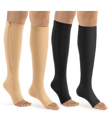 bropite Zipper Compression Socks-2 Pairs Calf Knee 15-20 mmHg Open Toe Compression Socks for Walking,Running,Nurses,Pregnancy C - Black /Nude Small-Medium