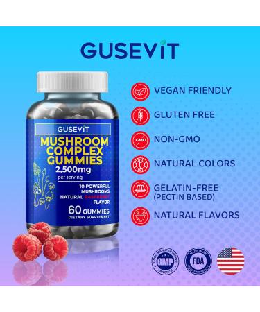 Gusevit Mushroom Gummies 10 Super Mushrooms for Immune Support Focus & Energy - with Lions Mane Reishi & Cordyceps 60 Count - Vegan & Gluten Free - Buy Online on GoSupps.com