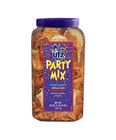 Utz Party Mix - 26 Ounce Barrel - Tasty Snack Mix Includes Corn Tortillas, Nacho Tortillas, Pretzels, BBQ Corn Chips and Cheese Curls, Easy and Quick Party Snacks, Cholesterol Free and Trans-Fat Free