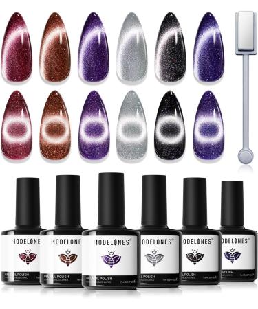 Modelones Cat Eye Gel Nail Polish 6 Colors Holographic 9D Cat Eye Glitter Gel Polish Black Red Purple Blue Silver Brown Nail Gel Polish with Magnet Soak Off Led Nail Gel DIY Salon - Buy Online on GoSupps.com