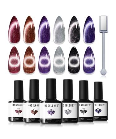 Modelones Cat Eye Gel Nail Polish Set 6 Colors Holographic Black Red Purple Silver Brown Gel Polish Glitter 9D Magnetic Gel Polish Blue Winter Gel Polish with Magnet Nail Art DIY Salon For Women