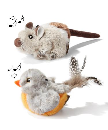 2-pack cat toys interactive plush cat toys mouse kittens chirping bird lifelike animal noises kitten toys for inside cat kitten practice gray