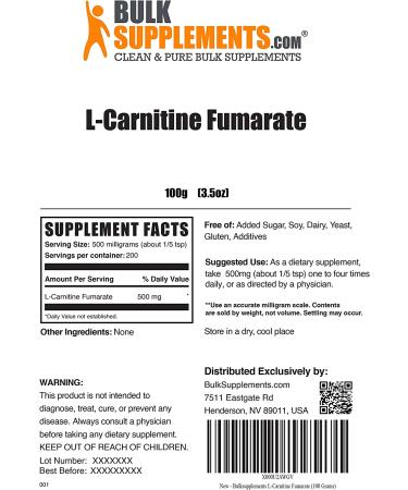 L-Carnitine Fumarate Powder - 500mg Amino Acid Supplement - 100g - BulkSupplements.com - Buy Online on GoSupps.com