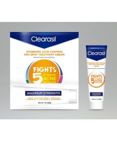 Clearasil Stubborn Acne Control 5 in 1 Spot Treatment Cream 1 oz - Maximum Strength Benzoyl Peroxide Medication for Blocked Pores, Pimple Size, Excess Oil, Acne Marks & Blackheads - Buy Online on GoSupps.com