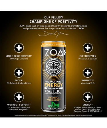 ZOA+ Sugar Free Pre Workout Drink - Pineapple Passion Fruit 12 Fl Oz - Pack of 12, with Nitric Oxide, B Vitamins, Vitamin C & D, 200mg Natural Caffeine - Buy Online on GoSupps.com