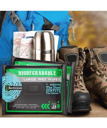 Surviveware Biodegradable Wet Wipes - 15 Count, Post Workout & Camping Face/Body Wipes for Adults - Buy Online on GoSupps.com