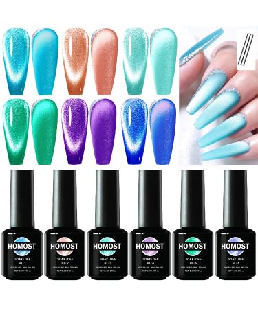 HOMOST Crystal Diamond Cat Eye Gel Nail Polish 6 Colors Set, Sparkle Shiny Gem Effect Gel Nail Polish Kit with Magnet Sea Blue Colors