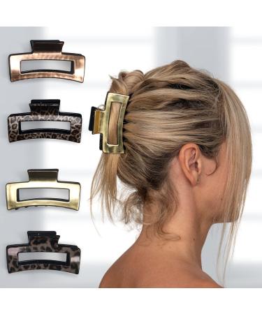 Rectangle Claw Clip Set - Retro Gold Metallic Leopard Print & Tortoise Shell Hair Claws for Women - 4pcs, Medium to Large Size 8.5cm - Buy Online on GoSupps.com