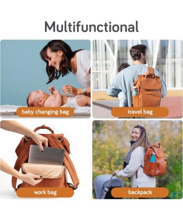Baby Uma Diaper Bag with Diaper Pad | Large Capacity Backpack with Insulated Bottle Holders & Laptop Compartment | Stylish Synthetic Leather Stroller Bag in Camel Brown - Buy Online on GoSupps.com
