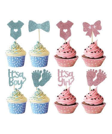 Pack of 24 Cake Decorations Baby Shower Boy or Girl Gender Reveal Party Decoration Glitter Blue and Pink Gender Reveal Cupcake Topper Muffin Decoration Cupcake Decoration for Boys Girls Baby