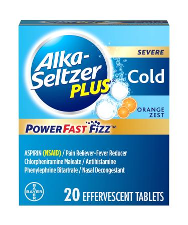 Alka-Seltzer Plus Severe, Cold, PowerFast Fizz, Zest Effervescent Tablets, for Adult with Headache, Sore Throat, Sinus Congestion, Runny Nose, Sneezing, Fever, Body Aches & Pains, Orange, 20 Count