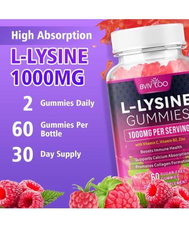 BVIVLOO L-Lysine 1000mg Gummies for Immune Support & Skin Health - High Potency Vegan Sugar-Free Gluten-Free Supplement with Natural Raspberry Flavor for Adults & Kids - 60 Gummies - Buy Online on GoSupps.com