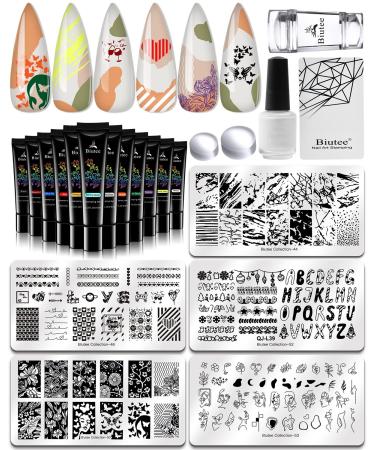12 Colors Nail Stamping Polish Gels+5Pcs Stamp Print Templates+1 Peel Off Nail Tape Stamp Latex+1 Stamper with Scraper, Stamping Nail Polish Art Set Manicure Gift Collection 12 Colors with 5 Plates