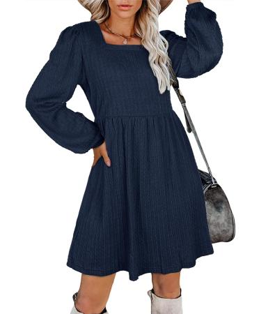 Aokosor Long Sleeve Square Neck Knit Dress - XL Blue | Knee Length Babydoll Jumper Dress - Buy Online on GoSupps.com