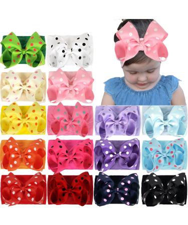 16PCS Baby Girls Soft Headbands 6Inch Big Bows Elastic Hairbands Grosgrain Ribbon Polka Dot Bow Baby Headbands Hair Accessories for Newborns Infants Toddlers Kids