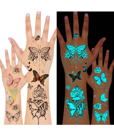 Glow In The Dark Butterfly Tattoos for Kids Girls  Konsait 12 Sheets Safe and Easy to Use Neon Butterfly Temporary Tattoos  Temporary Butterfly Glow Tattoos Glow Party Makeup Supplies Party Favors