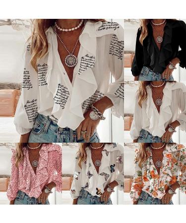 Women's XX-Large Orange Floral Butterfly Chiffon Ruffle V-Neck Pullover T-Shirt - Buy Online on GoSupps.com