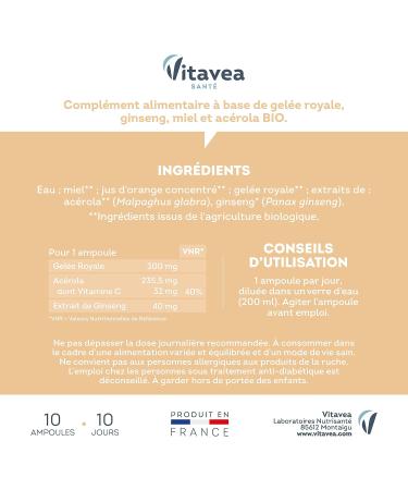 Vitavea - Vita'Royal BIO Energy - Fatigue reduction Natural defenses Natural Benefits of the Hive - Royal Jelly Ginseng Honey Acerola - 10 ampoules - Made in France - Buy Online on GoSupps.com