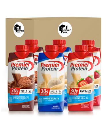 Premier Protein High Protein Shakes Variety Pack 11 Fl. Oz Each in The Award Box Packaging (2 Chocolate 2 Vanilla. 2 Strawberry)