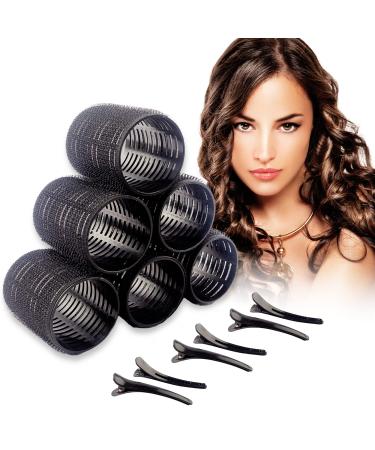 Mirzian 12Pcs Jumbo Hair Rollers - 6 Heatless Self Grip Velcro Curlers 6 Duckbill Clip Black Hair Curlers for Long & Short Hair No Heat Rollers (50mm)