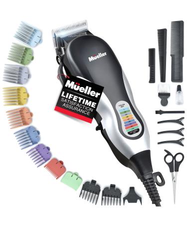 Mueller Ultragroom Hair Clipper and Trimmer, Pro Colored Haircutting Kit, for Men and Women, 12 Guide Combs, All-in-One Trimmer for Hair Beards Head Body Face 23 piece Black