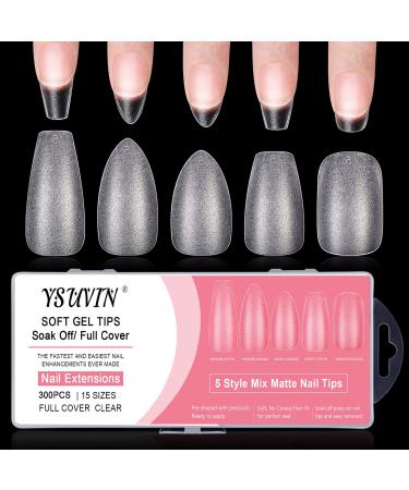 Yueshop Soft Gel Full Cover Nail Tips Kit- 300PCS Short Medium Almond Ballet Nail Tip Gelly Gel Full Matte Cover Break Resistant 5 Shapes Soft Nail Tips For Soak Off Nail Extensions 5 Different Shapes