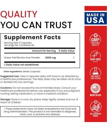 Beef Liver Capsules Made in USA Whole Food Source of 30+ Bioavailable Nutrients: Vitamin A B12 Heme Iron Zinc for Energy Immunity Vitality 100% Grass-Fed/Finished Beef Organ Supplement 240Ct - Buy Online on GoSupps.com