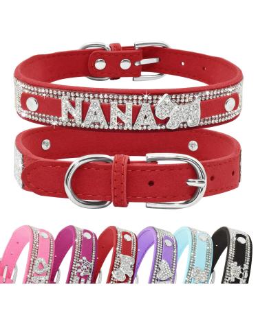Senristar personalized bling rhinestone dog collar with name custom glitter crystal diamond dog hollow band for small medium large dogs xs (width 1.5 cm neck circumference 20-25 cm) red