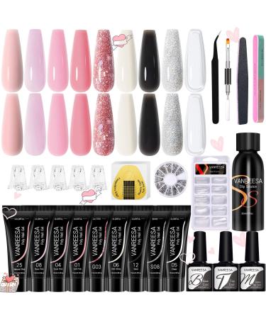 Poly Nail Gel Kit, VANREESA 9 Colors Poly Extension Nail Gel Kit with Clear White Pink Nail Kit for Beginners DIY at Home Builder Nail Gel for Nail Art Gift for Women Sweet Cool Girl