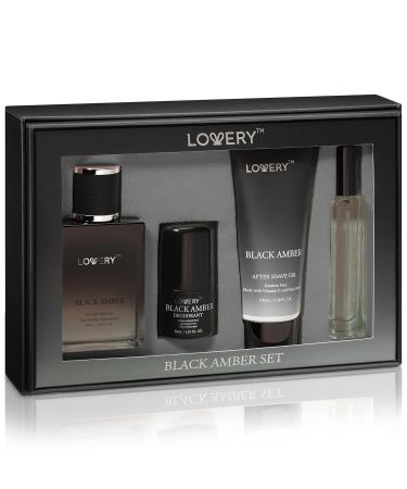 Mens Valentines Gifts Black Amber Mens Perfume 4 in 1 Deodorant & Cologne Gift Set - 4pc Mens Cologne Set - Parfum Antiperspirant Deodorant Stick Aftershave Gel Masculine Birthday Perfumes for Men - Buy Online on GoSupps.com