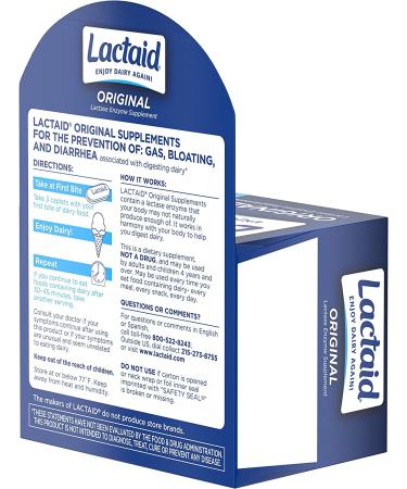 Lactaid Original Strength Lactose Intolerance Relief Caplets 120 ct - Natural Lactase Enzyme Dietary Supplement for Gas, Bloating & Diarrhea Prevention - Buy Online on GoSupps.com