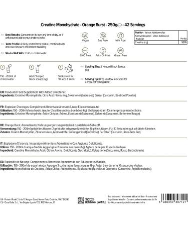 Protein Works Creatine Monohydrate Powder 250g Orange Burst - 100% Pure Supplement with Ultra Fast Absorption - 41 Servings - Buy Online on GoSupps.com